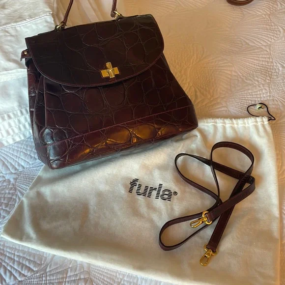 Furla Bags Furla Redbrown Genuine Leather Crocodile Top Handle Bag Poshmark